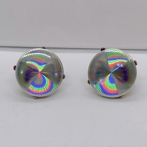 Vtg 60s Mod Diffraction Iridescent Rainbow Disc Screw Back Clip On Earrings .8”